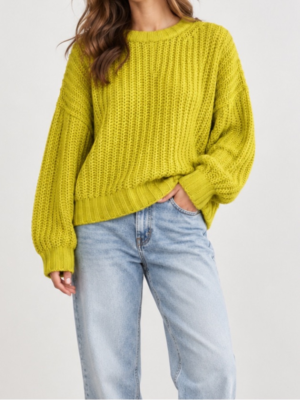 American Eagle Chunky Knit Oversized Slouchy Pullover Sweater Neon Green XL